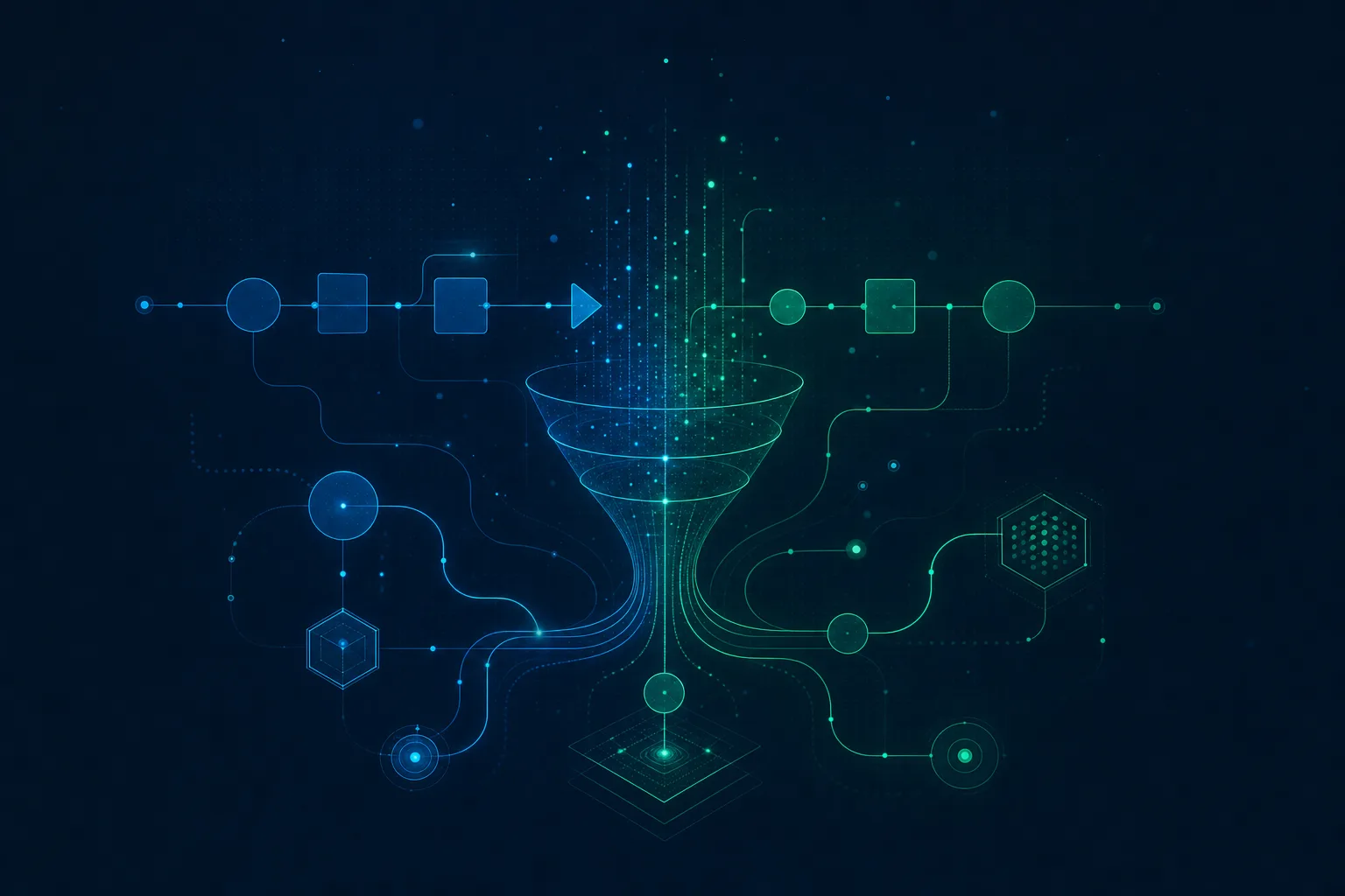 Abstract SCALE growth system showing connected CRM, funnel, automation, and revenue pathways.