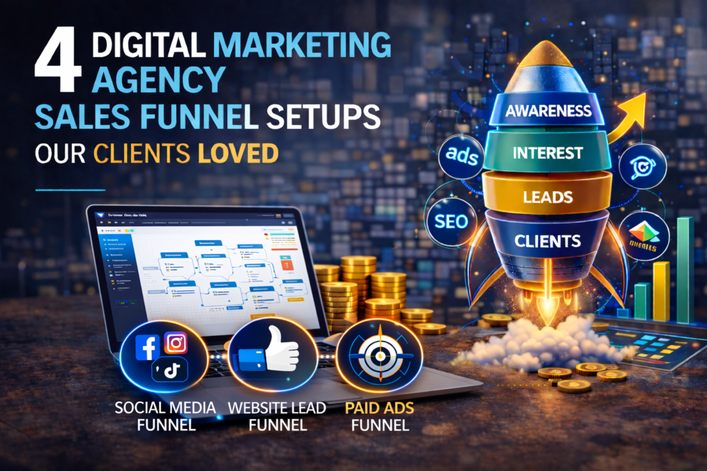 Four digital marketing agency sales funnel setups including social media funnel website lead funnel paid ads funnel and automation funnel
