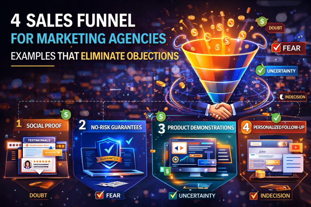Sales funnel marketing agency examples showing social proof guarantees product demos and follow up strategies used to eliminate customer objections