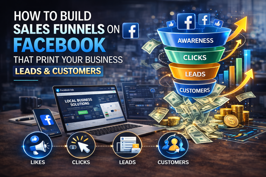 Facebook sales funnel strategy showing how businesses generate leads and customers using Facebook ads and marketing automation