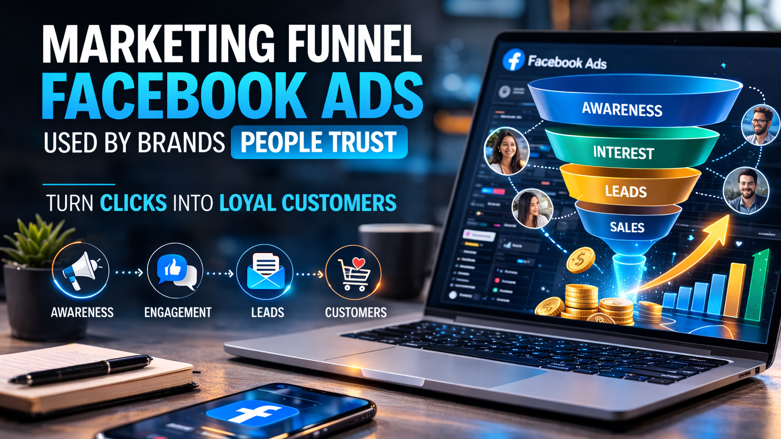 Marketing funnel Facebook ads showing how trusted brands turn traffic into customers