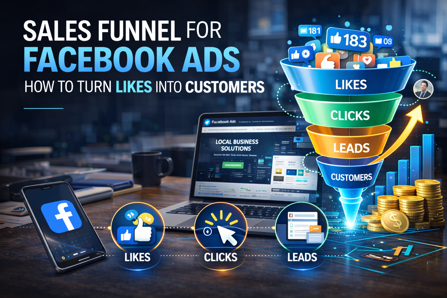 Sales funnel for Facebook ads showing how brands turn likes and traffic into customers