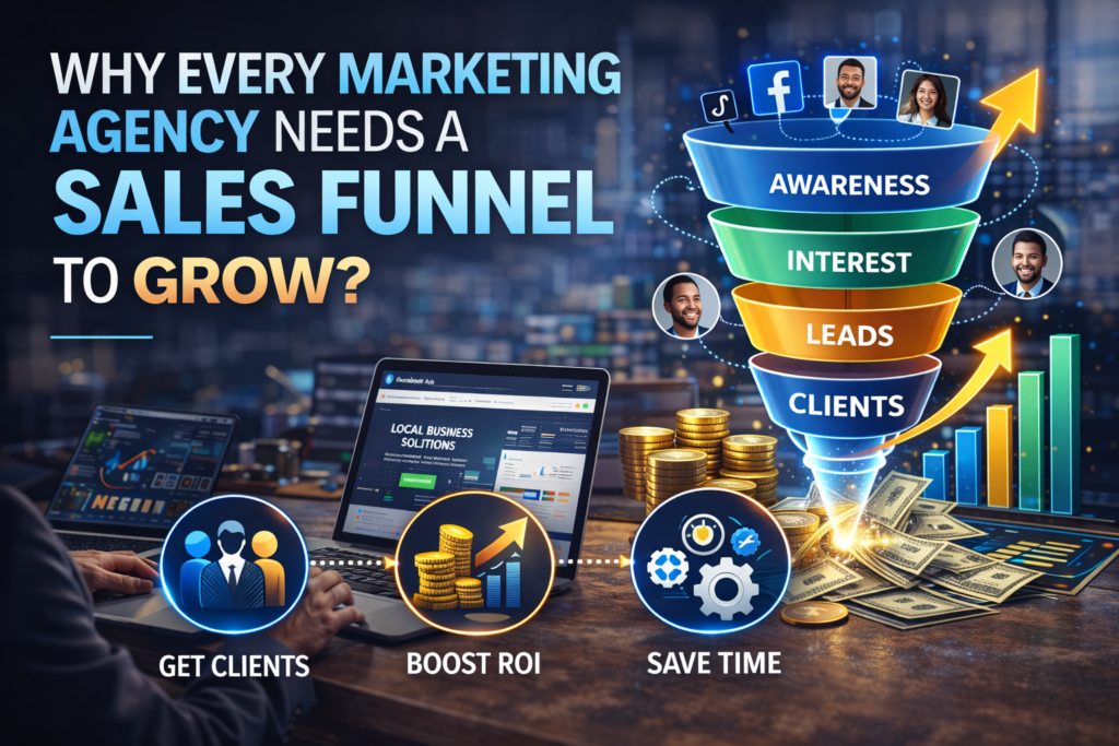 Marketing agency sales funnel strategy showing how agencies convert traffic into leads clients and predictable growth