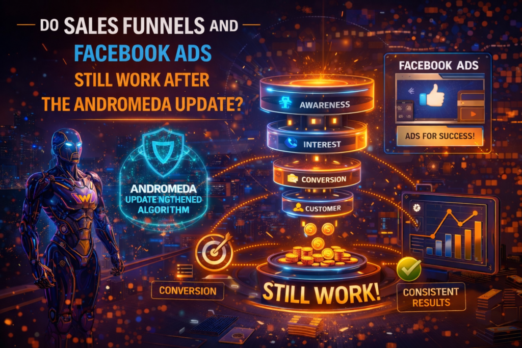 Sales funnel Facebook ads strategy showing updated funnel structure after the Andromeda update with AI driven targeting consistent results and conversion tracking