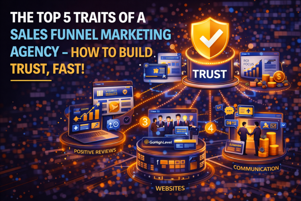 Sales funnel marketing agency traits showing trust building elements like reviews communication results and proven systems to attract high value clients