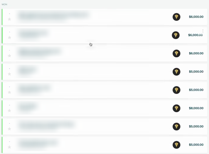 An anonymised selection of Funnels & Conversions proposals marked Won in Proposify.
