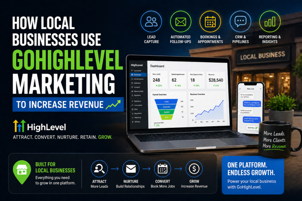 GoHighLevel marketing workflow for local businesses showing lead capture follow-up automation and revenue growth