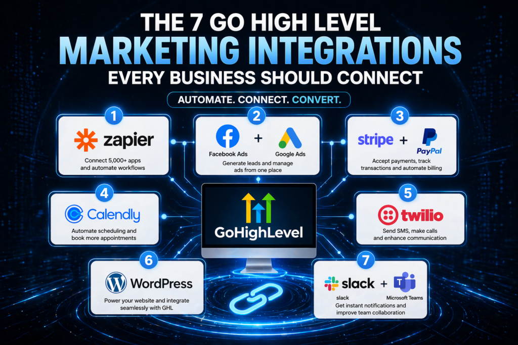 Go High Level marketing integrations showing key tools like Facebook Ads, Stripe, Zapier and WhatsApp for business automation