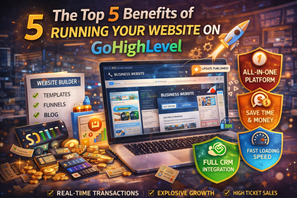 GoHighLevel website builder showing key benefits including all in one platform CRM integration fast loading speed and automated funnel features for business growth