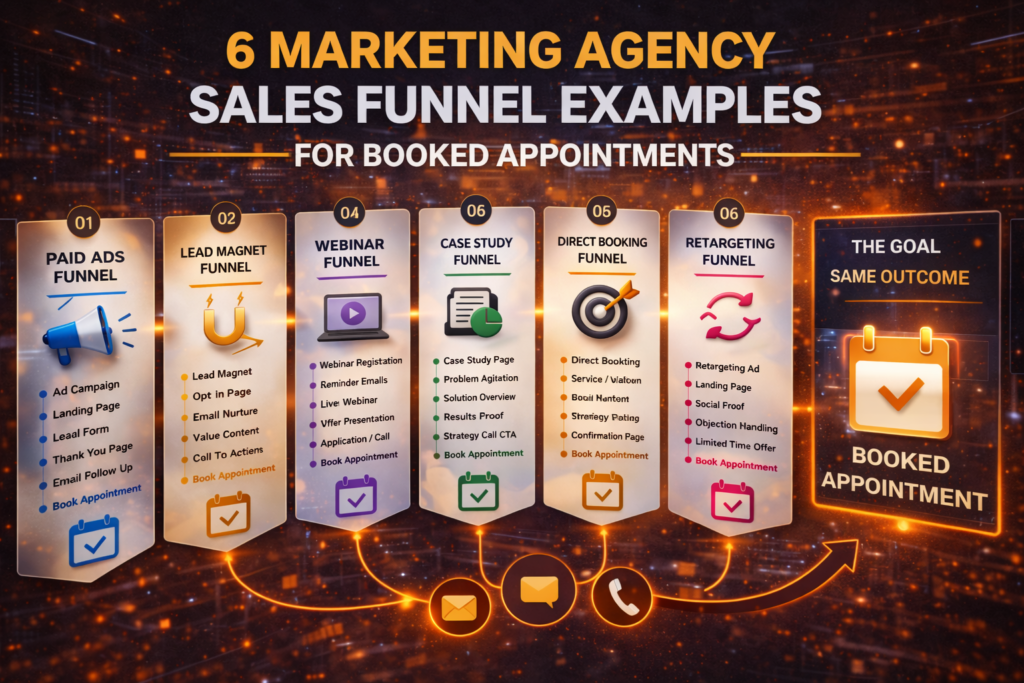 Marketing agency sales funnel examples showing traffic, lead capture, automation and booking flow for generating qualified appointments