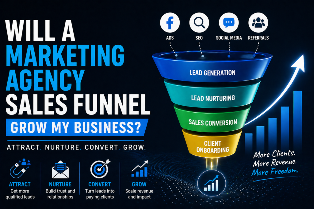 Marketing agency sales funnel showing lead qualification booked appointments and revenue growth stages