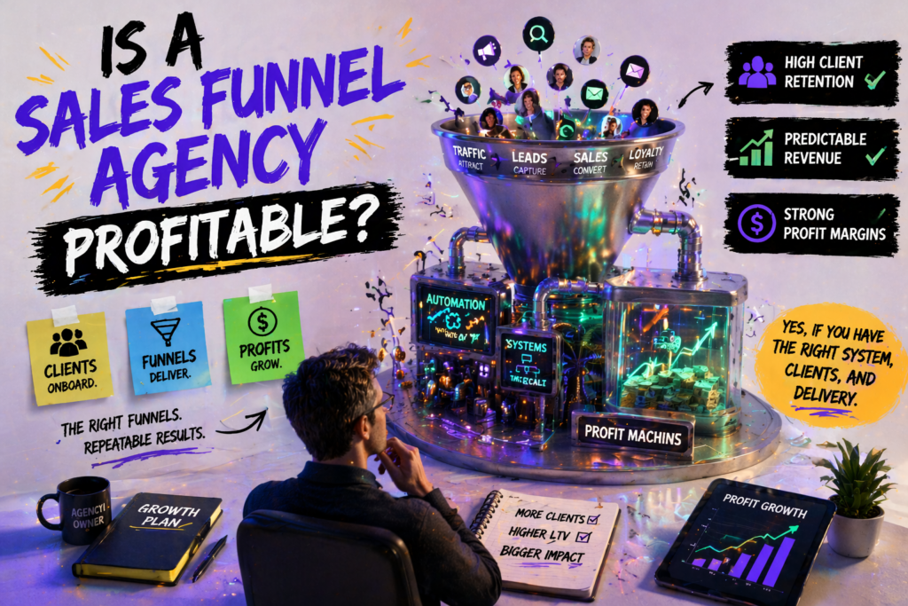 Sales funnel agency profitability system showing automated funnel machine generating predictable revenue strong profit margins and scalable growth