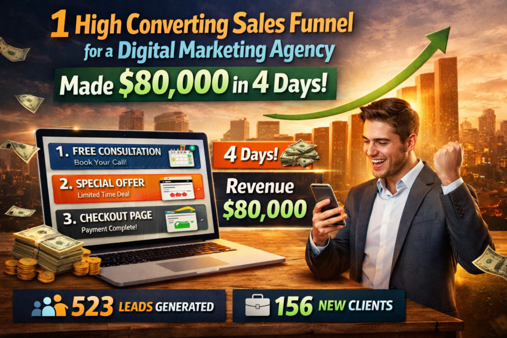 Sales funnel for digital marketing agency generating 80000 dollars in 4 days showing lead generation offer and checkout stages that drive high conversions