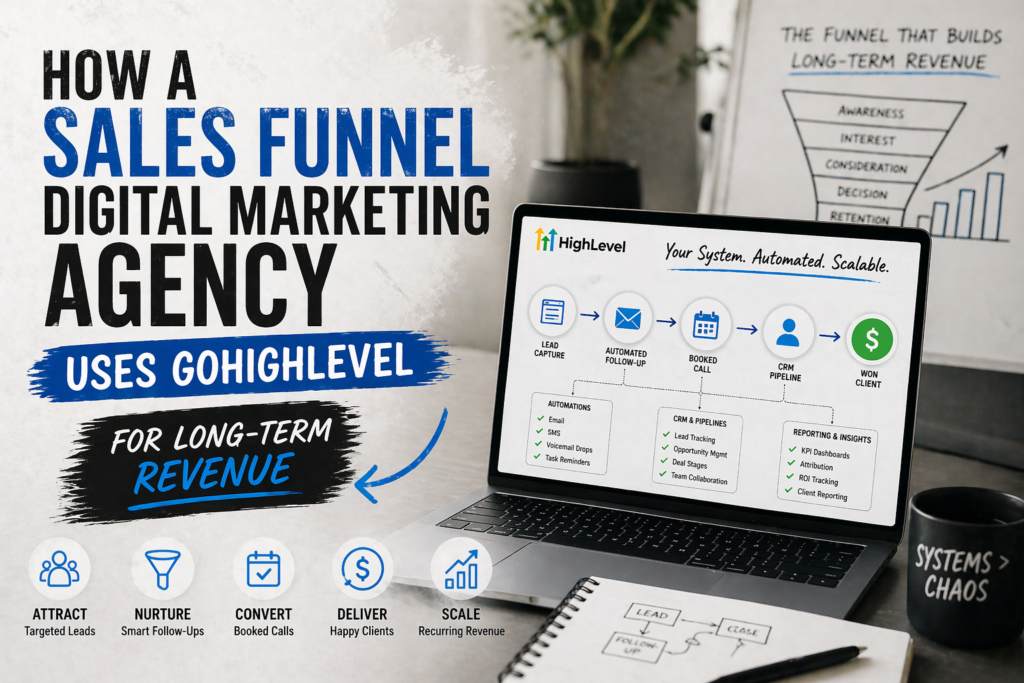 Sales funnel digital marketing agency using GoHighLevel to build long-term revenue systems with automated funnels and CRM workflows