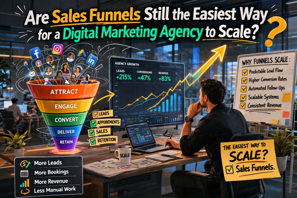 Sales funnel for digital marketing agency showing how funnels generate leads conversions and scalable growth through automation and structured marketing systems