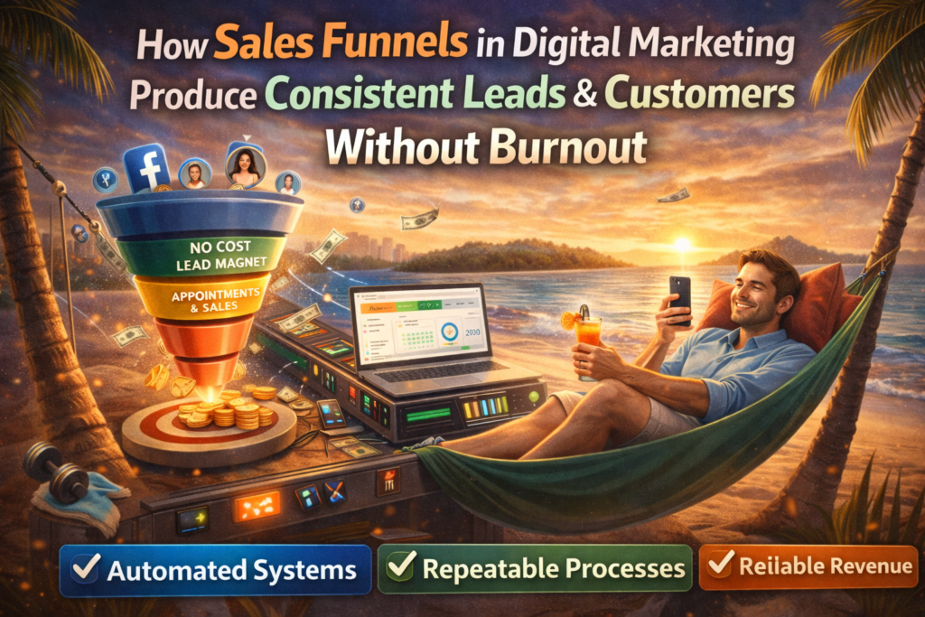 Sales funnel in digital marketing generating consistent leads and customers through automated Facebook ads and funnels without burnout or manual effort