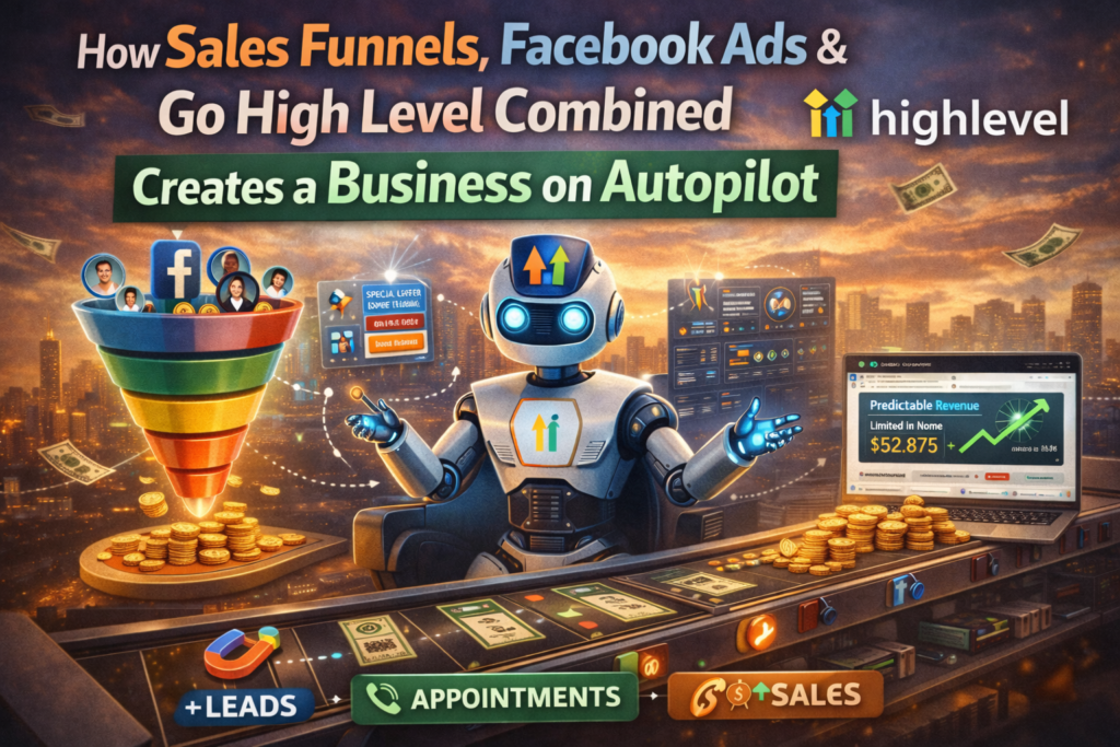 Sales funnel Facebook ads and GoHighLevel automation system showing how leads appointments and sales are generated automatically through integrated marketing funnels