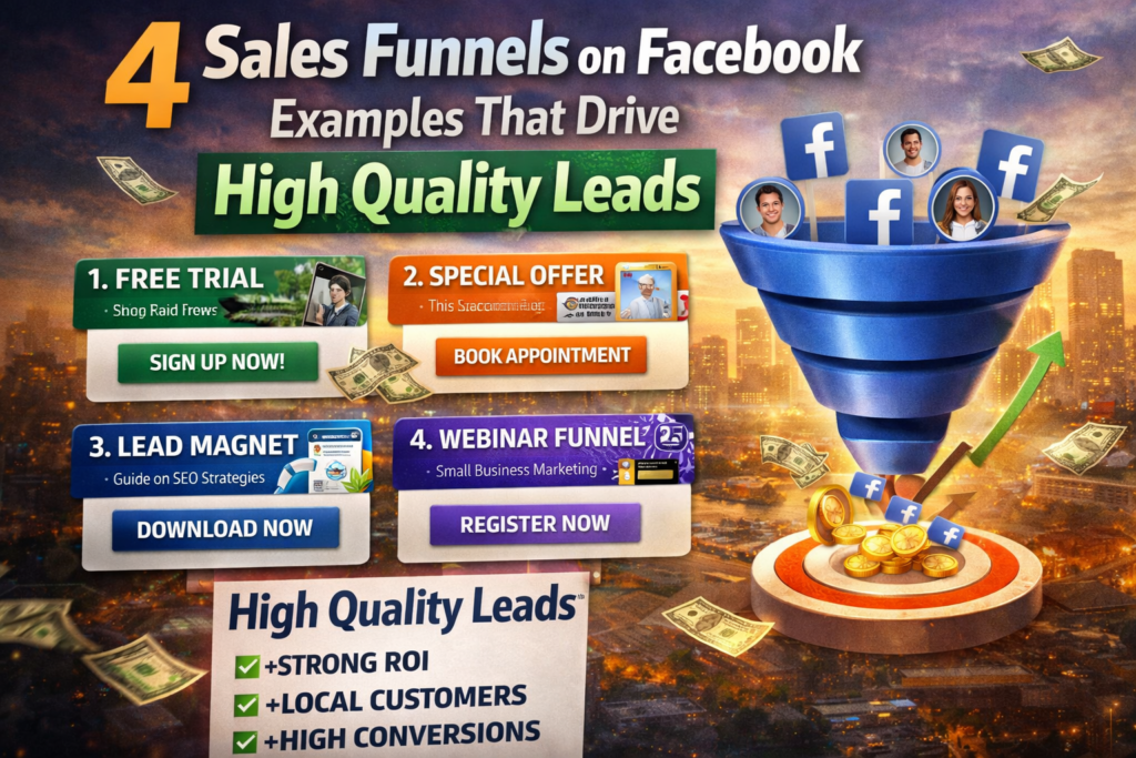 Sales funnel on Facebook examples showing lead magnet offer webinar and appointment funnels that generate high quality leads and strong conversion rates