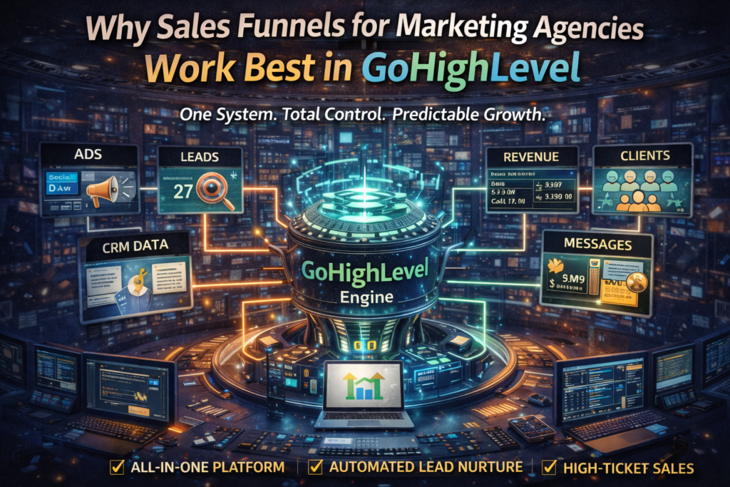 Sales funnel for marketing agencies powered by GoHighLevel showing system engine with ads leads CRM data and automated workflows generating clients and revenue