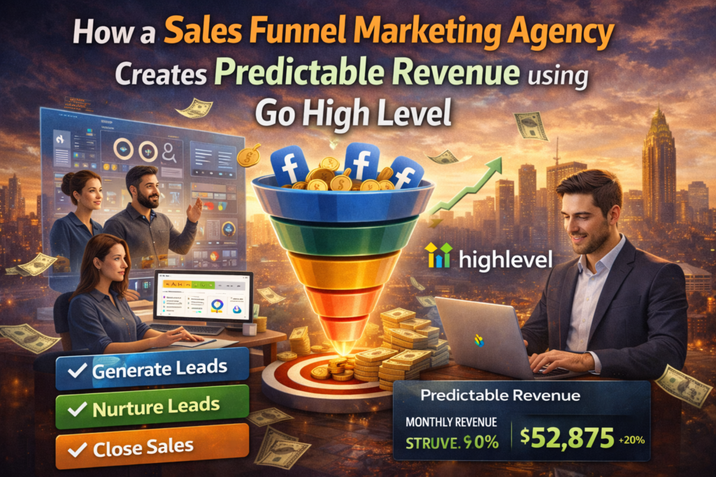 Sales funnel marketing agency using GoHighLevel to generate predictable revenue through lead generation nurturing and automated conversion systems