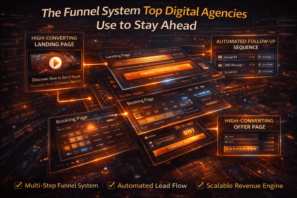 Sales funnel system for digital marketing agencies showing landing page, VSL, CTA, booking funnel and automation flow inside GoHighLevel