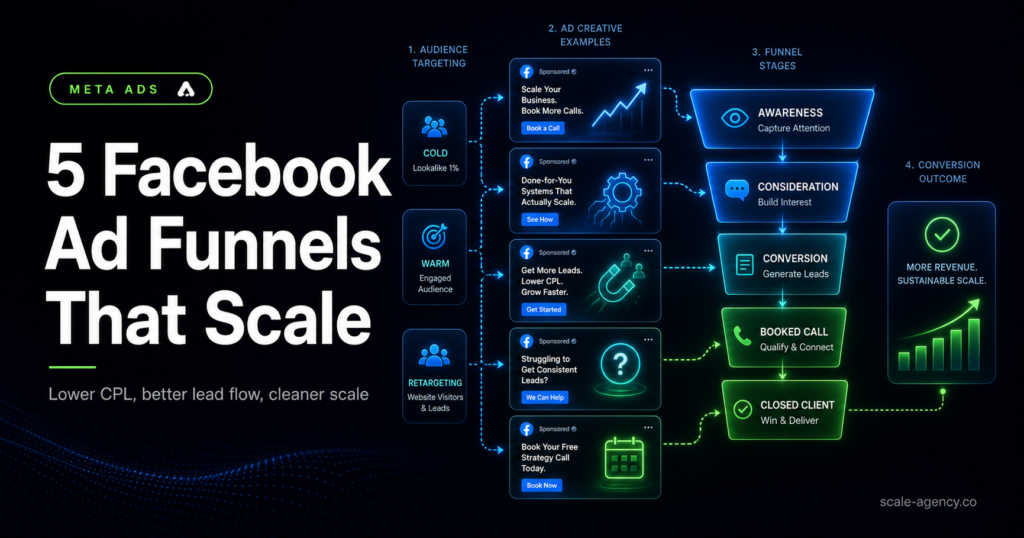 Facebook ad sales funnel showing audience targeting creative testing funnel stages and scalable lead generation
