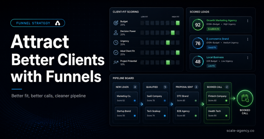 Marketing agency funnel showing client-fit scoring qualified pipeline stages and booked call progression