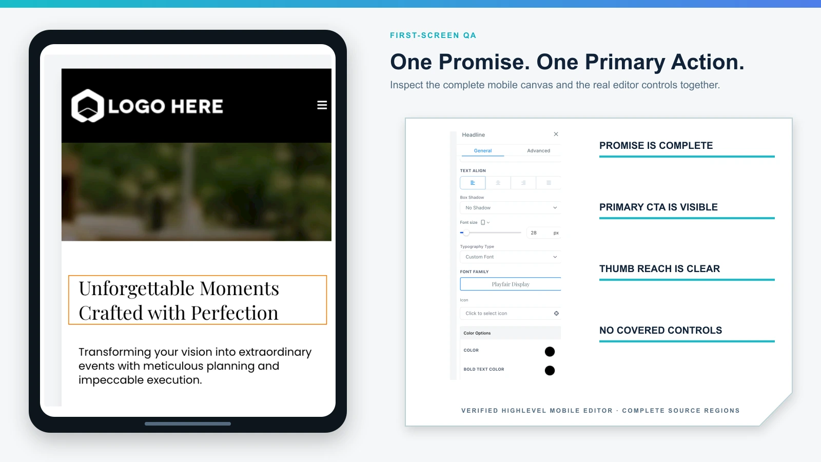 Mobile first-screen quality checks for a GoHighLevel funnel page.
