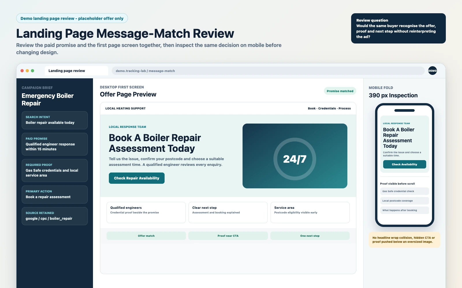 Demo GoHighLevel landing page review comparing a paid ad promise with desktop and mobile page previews, proof and call to action.