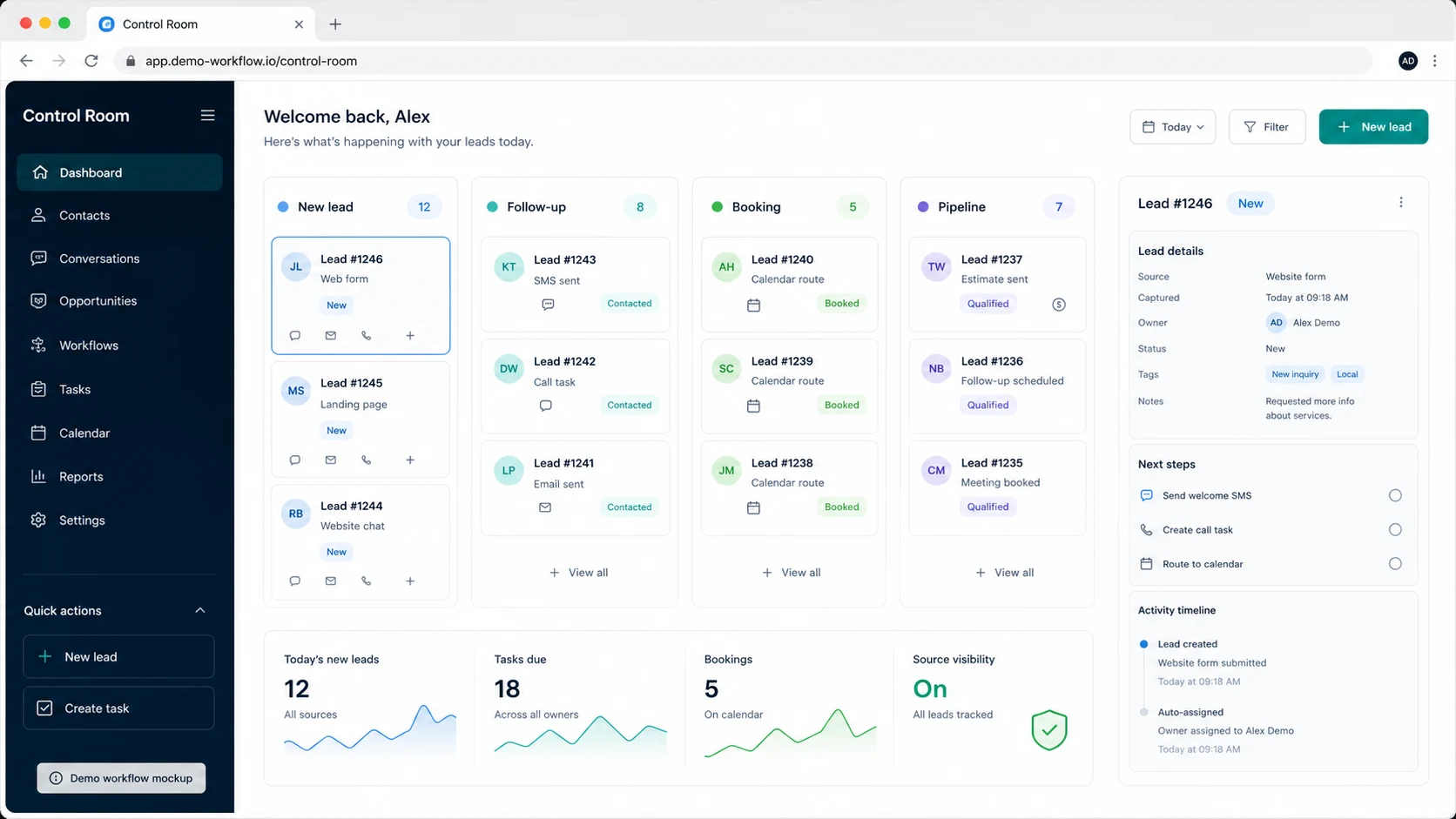 Conceptual CRM dashboard mockup for a local business lead pipeline, showing lead capture, follow-up, booking, pipeline stages and source visibility.