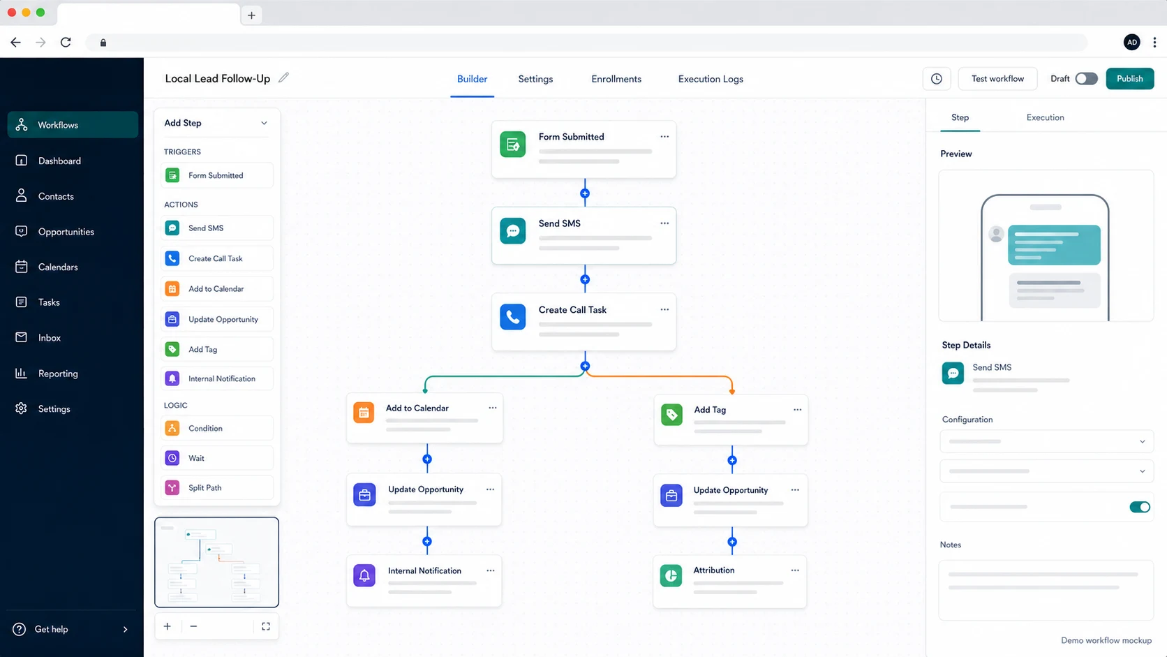 Conceptual workflow builder mockup showing local lead follow-up steps after a form submission, including SMS, call task, calendar routing, opportunity update and attribution.