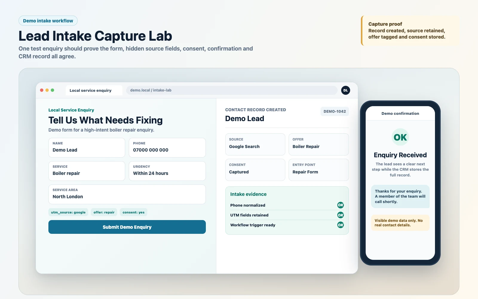 Demo lead intake workflow showing a local-service form, hidden UTM source, consent, mobile confirmation and the resulting CRM contact record.