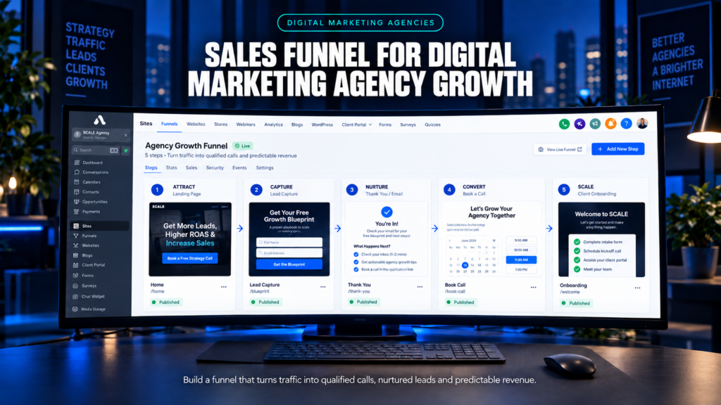 Illustrative digital marketing agency sales funnel showing attract, capture, nurture, convert and scale stages in a connected workspace.