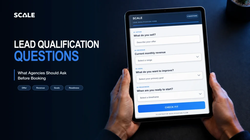 SCALE lead qualification questionnaire on a tablet showing offer, revenue, goal and readiness prompts before booking.