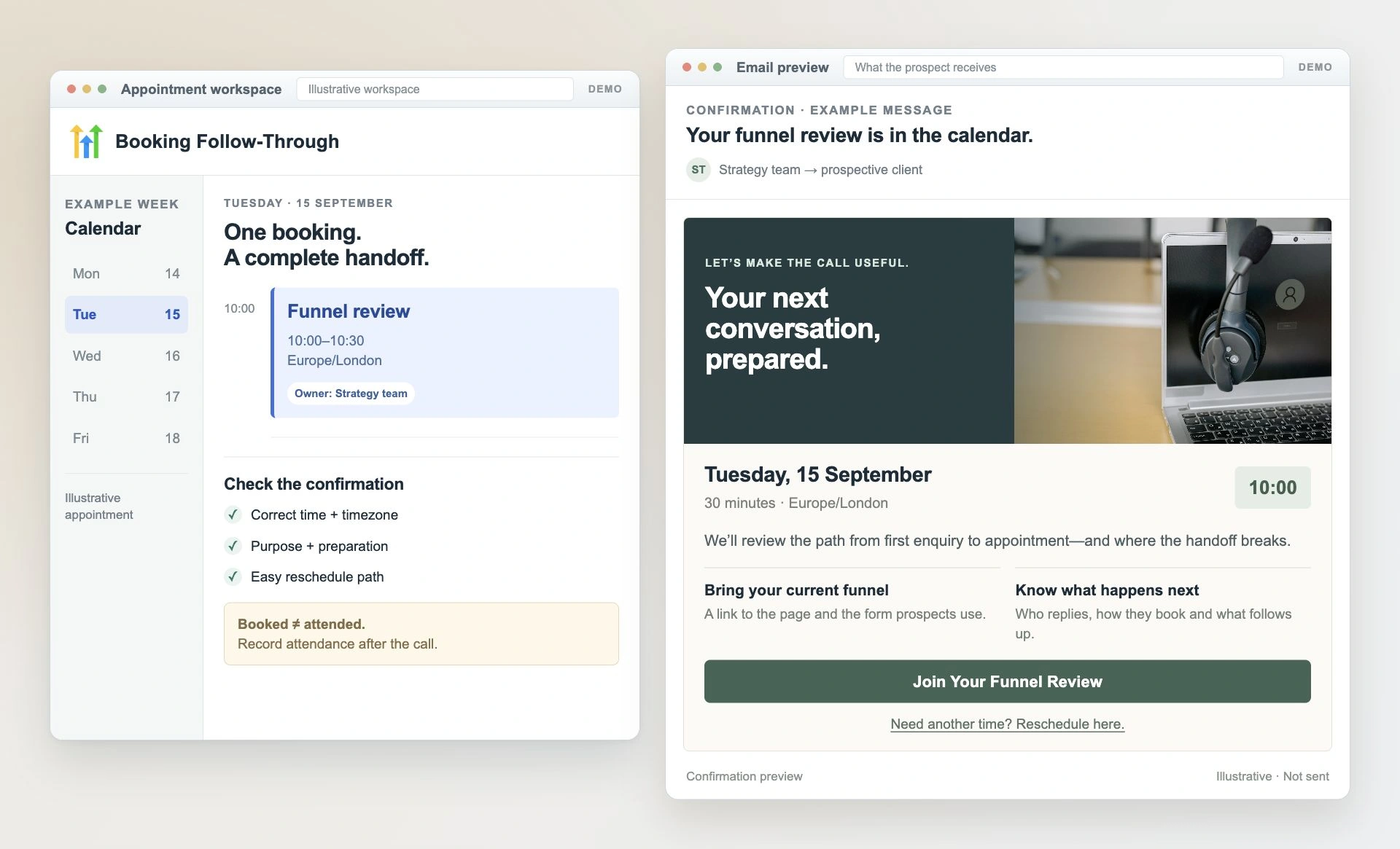 Illustrative booking calendar and prospect confirmation email showing the same appointment time, timezone, preparation and rescheduling path.