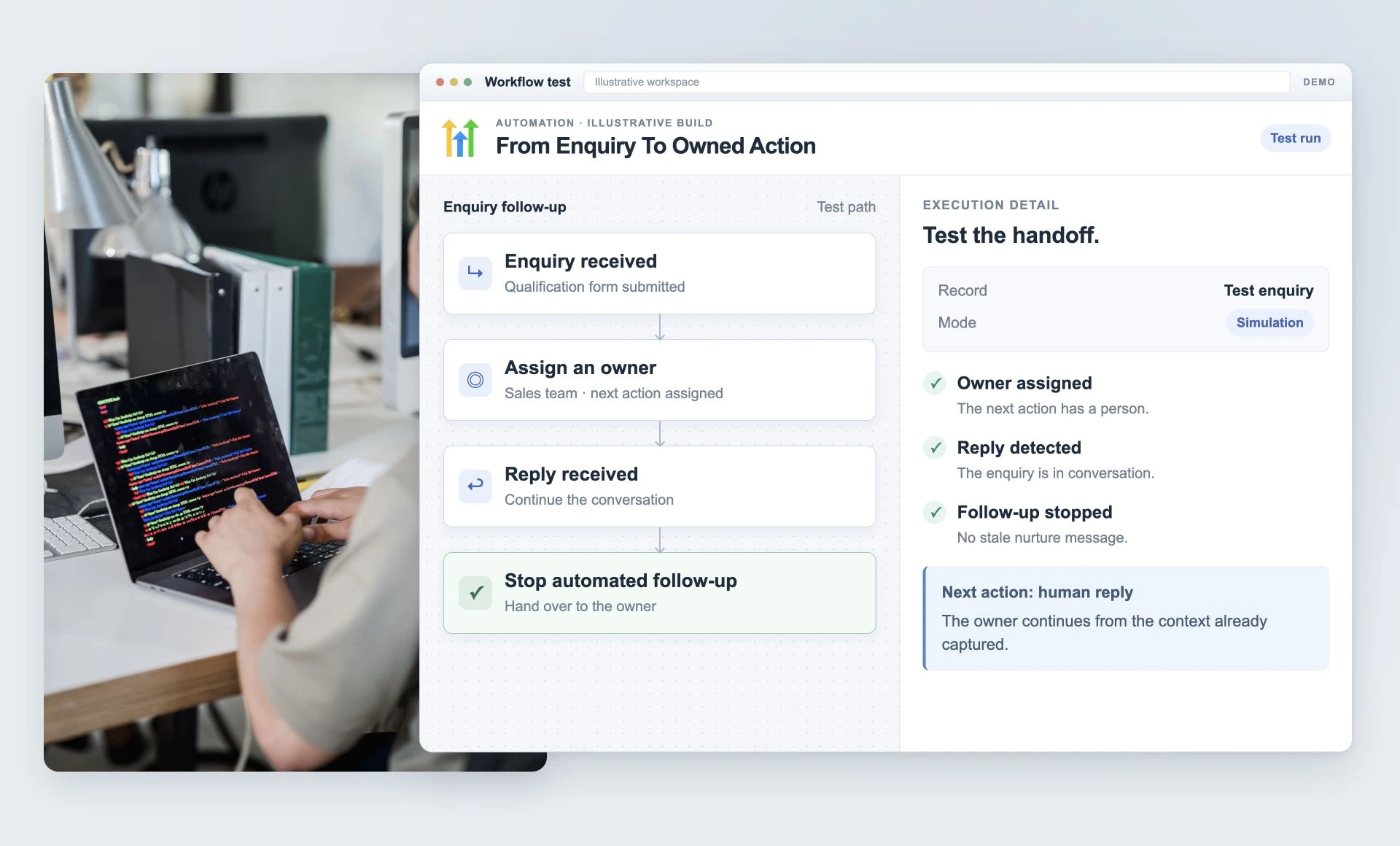 Illustrative workflow test showing an enquiry assigned to an owner and automated follow-up stopped after a reply.