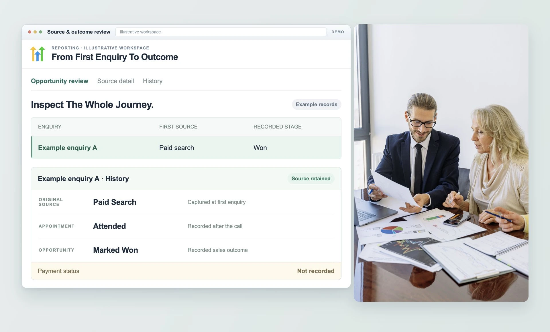 Illustrative opportunity report connecting an enquiry source, attendance and a won status, with payment separately recorded as unknown.