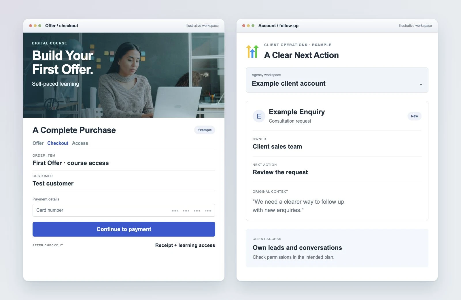 Two illustrative workspaces comparing a product checkout with a service enquiry and assigned follow-up.