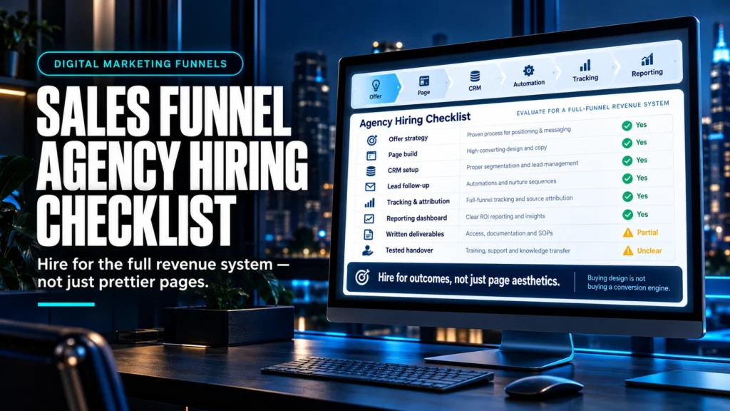 Digital marketing funnel hiring checklist, illustrated with connected funnel, CRM and follow-up systems.