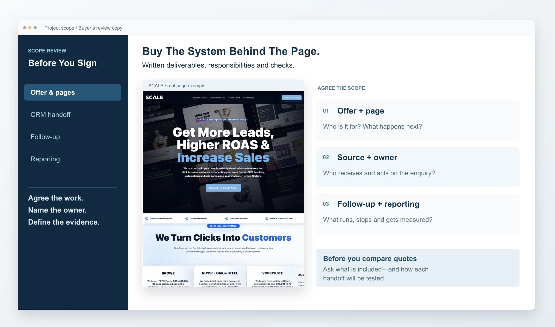 Buyer’s scope review pairs a real SCALE page with offer, source, ownership, follow-up and reporting questions.