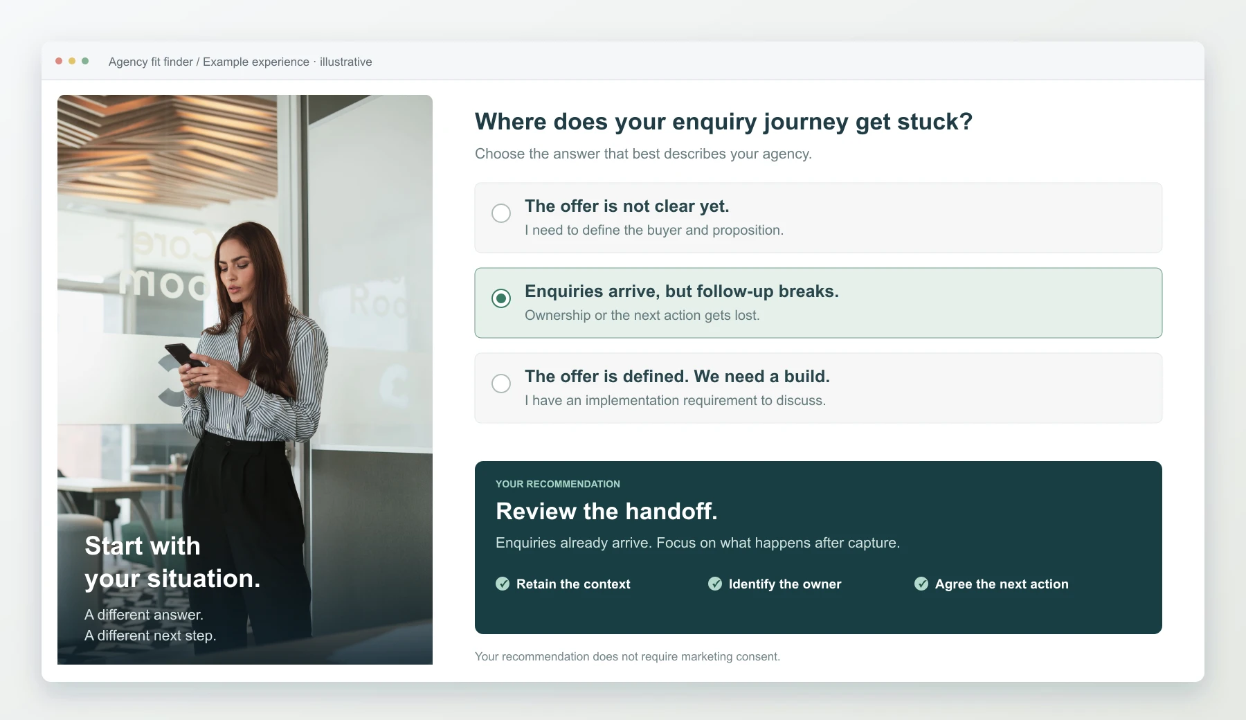 Illustrative agency quiz selecting broken follow-up and recommending a review of context, ownership and next action.
