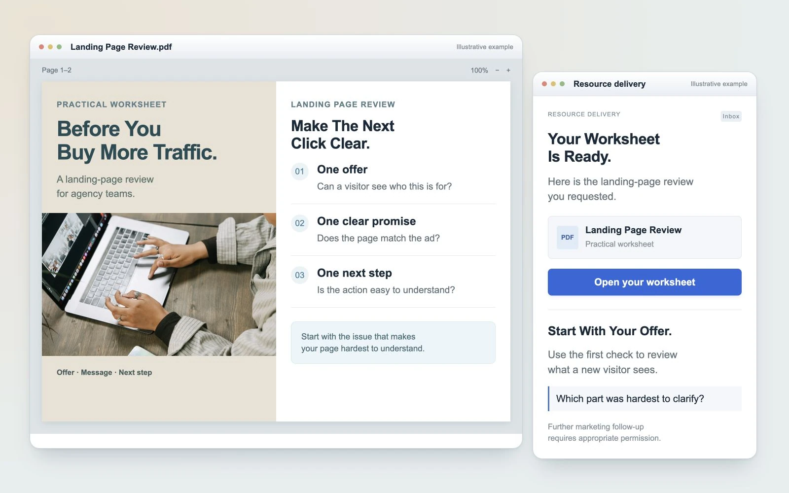 Landing-page worksheet beside its resource delivery email.