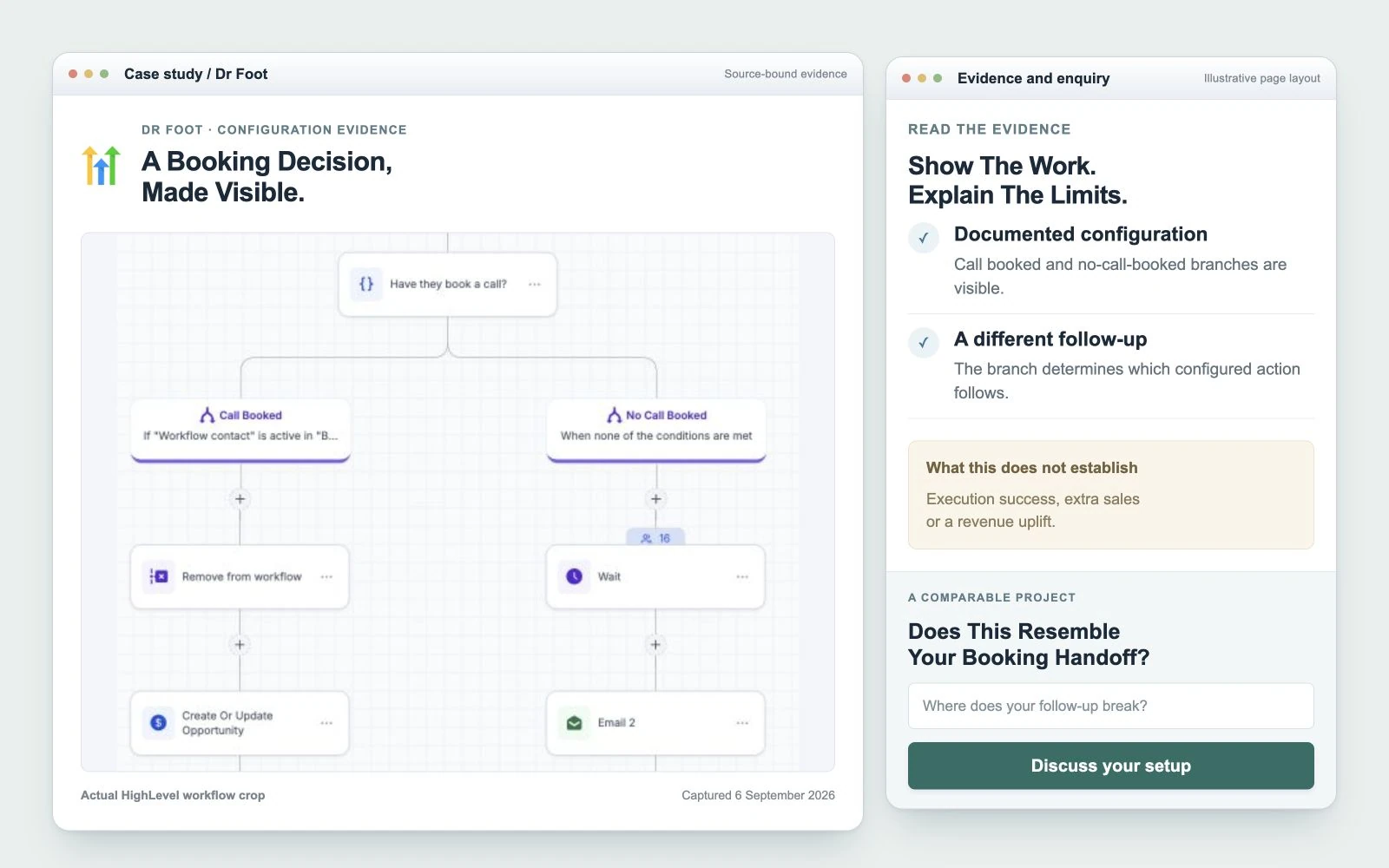Actual Dr Foot booking workflow crop with configuration limits and a comparable-project enquiry.