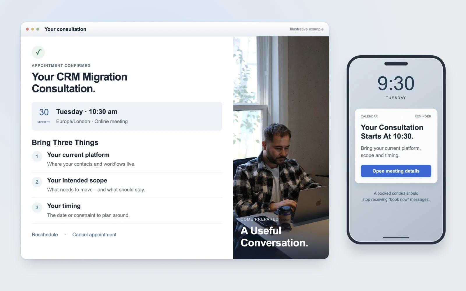 CRM migration appointment confirmation, preparation checklist and phone reminder.